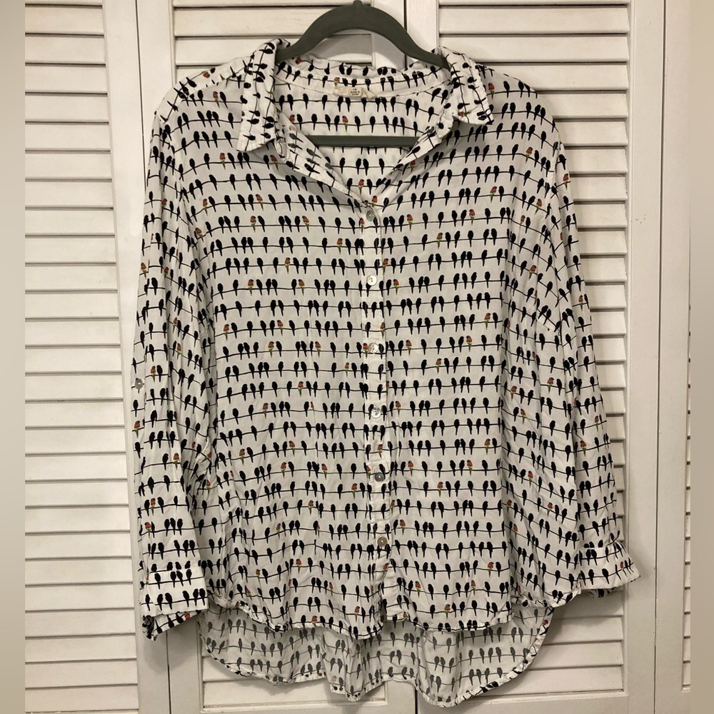 Jane And Delancey White And Black Bird Button Down Blouse Size 1X